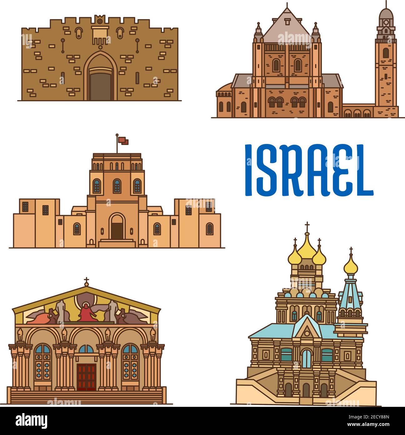 Israel vector detailed architecture icons of Lions Gate, Dormition Abbey, Rockefeller Museum, Church of All Nations, Church of Mary Magdalene. Histori Stock Vector