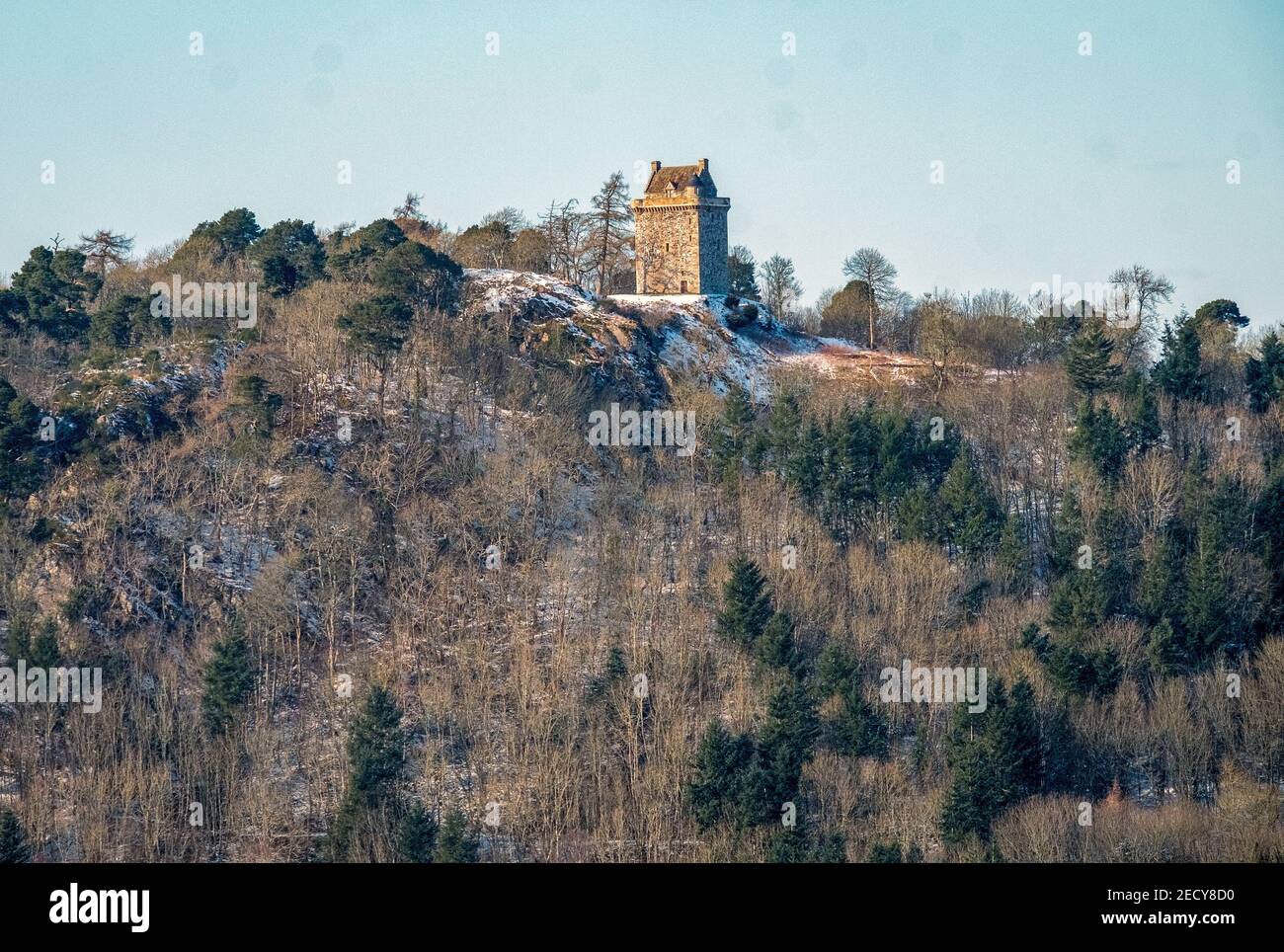 View of Fatlips Castle a Border Peel Tower situated at the top of Minto Crags near Ancrum, Scottish Borders, United Kingdom. Stock Photo
