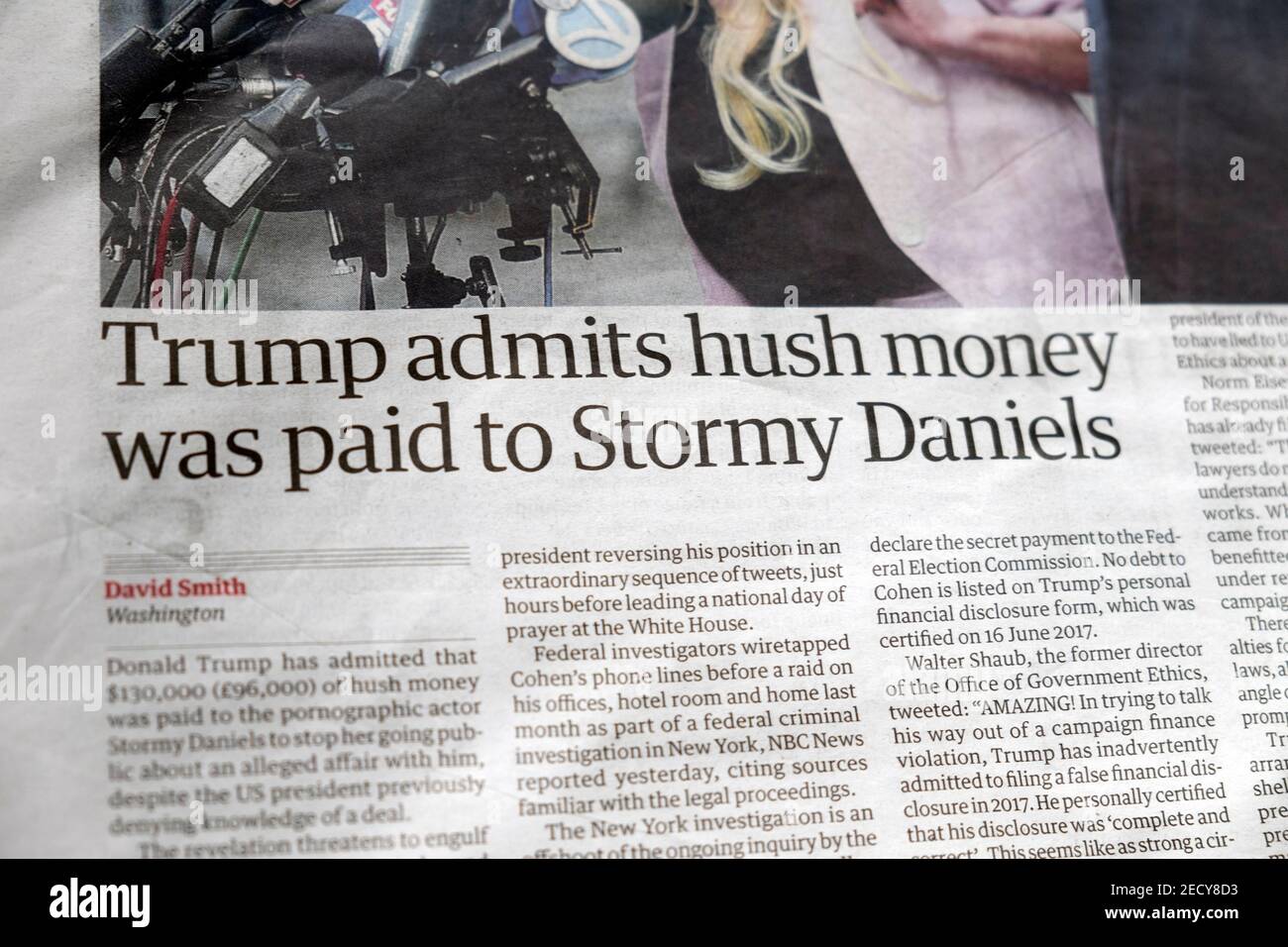 'Trump admits hush money was paid to Stormy Daniels' Donald Trump Guardian newspaper headline inside page article 2018 London UK Stock Photo