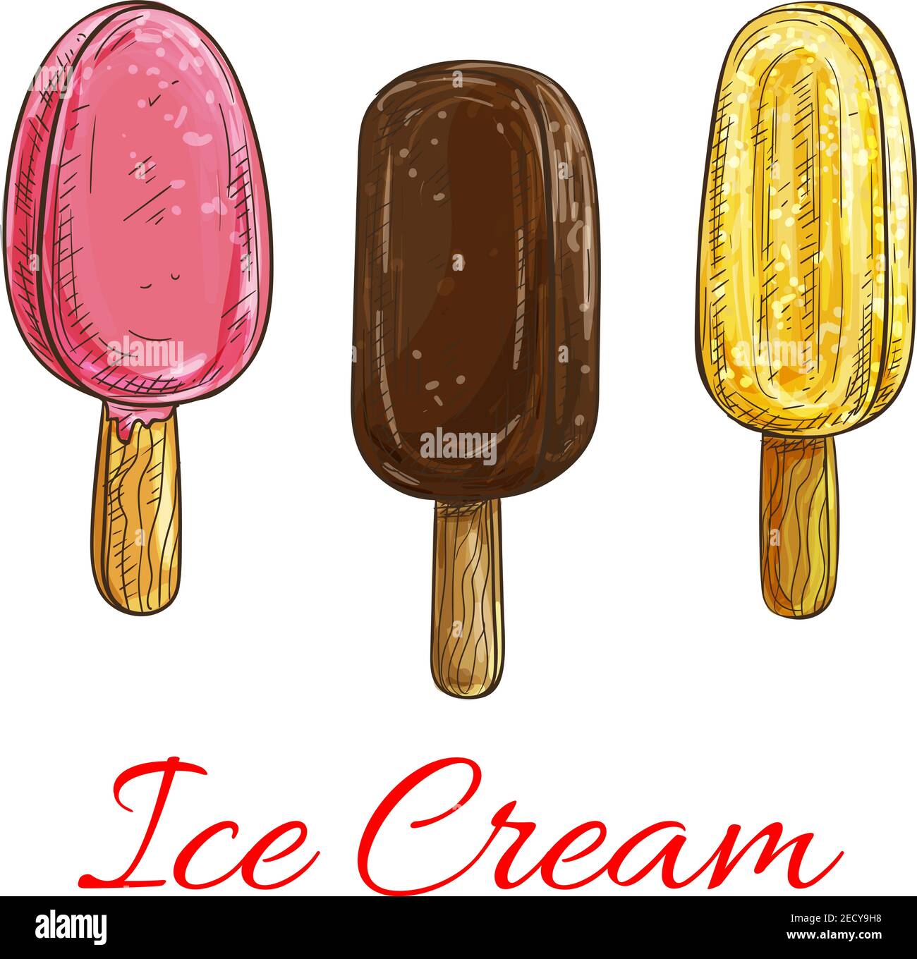 Ice Cream On Stick Isolated Sketch With Chocolate Strawberry And Vanilla Ice Cream Bars Covered In Thick Glaze Cafe Dessert Menu Food Packaging Des Stock Vector Image Art Alamy