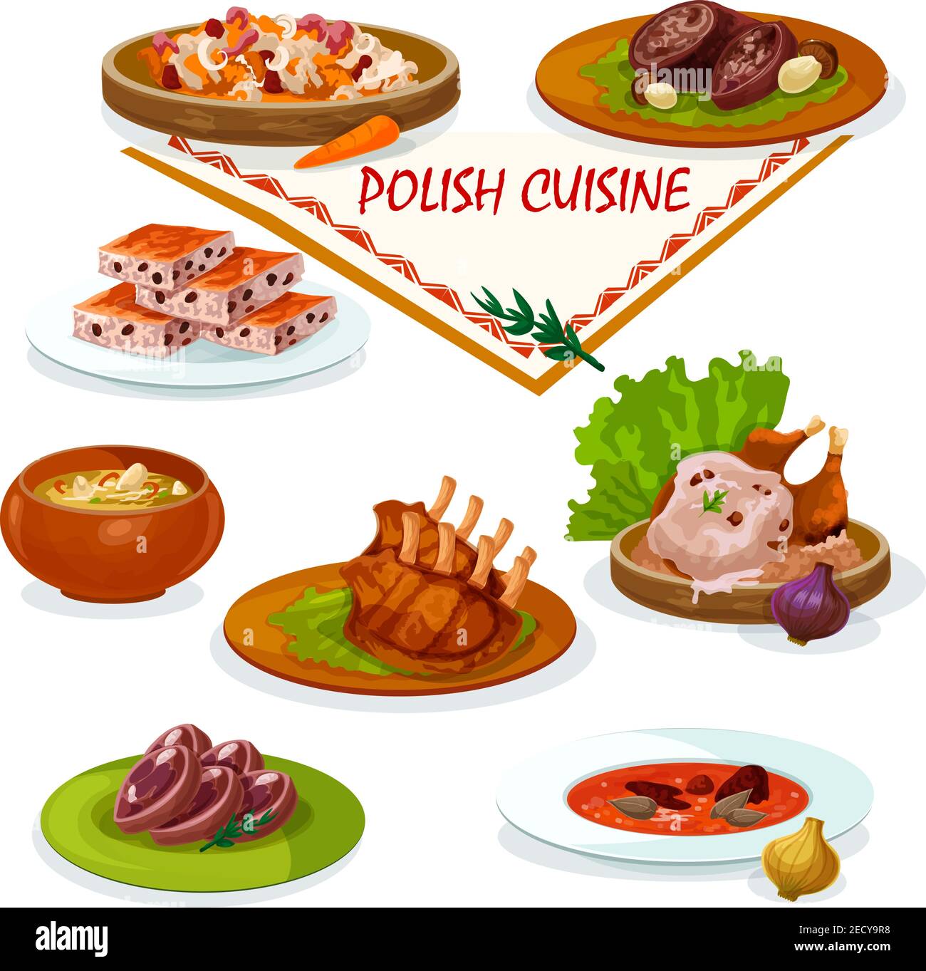 Polish cuisine savory dishes cartoon icon with beef rolls stuffed bacon