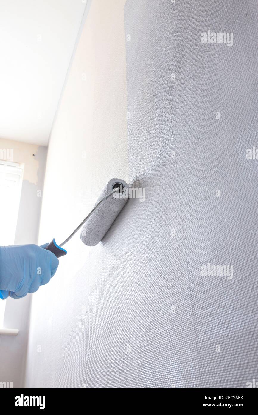 Man painting wall using a paint roller. Do it yourself concept Stock Photo