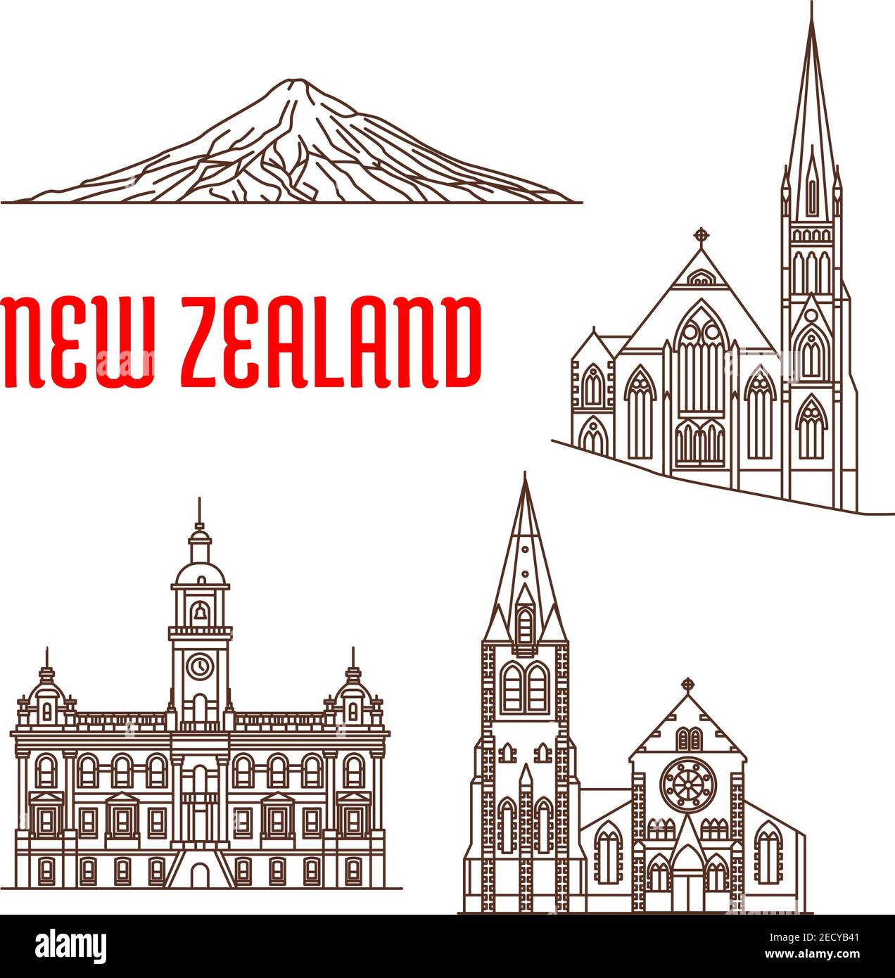 Travel landmarks of New Zealand linear icon with ChristChurch Cathedral, presbyterian Knox Church, Dunedin Town Hall, Mount Taranaki. Travel guide, va Stock Vector