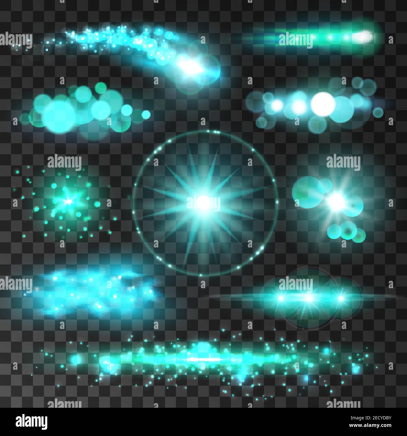Lens flare, shiny star, glowing sun beam and glittering sparkle. Green