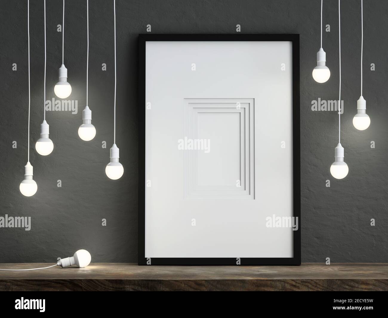 Mock up picture frame on black plaster wall with glowing light bulbs ...