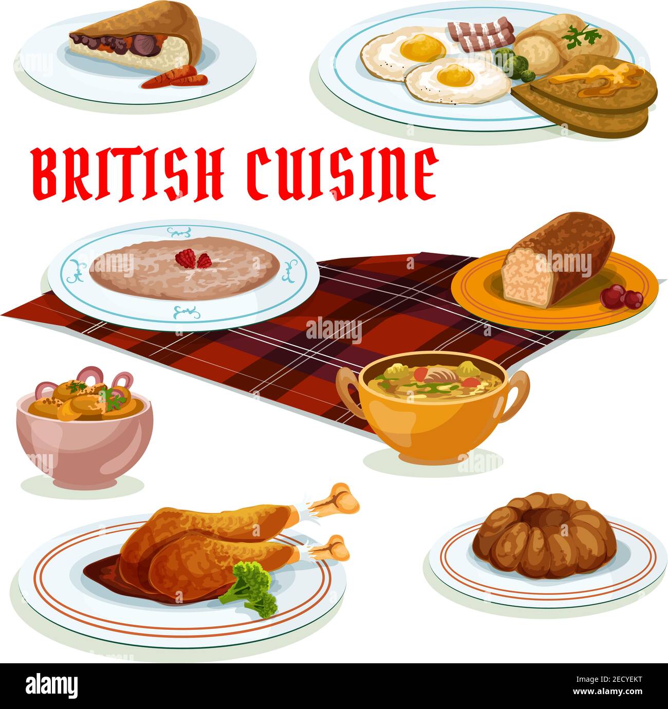 British cuisine breakfast menu icon with fried egg, bacon and toast, gingerbread cake, pudding, oatmeal porridge, beef kidney pie, turkey leg in berry Stock Vector