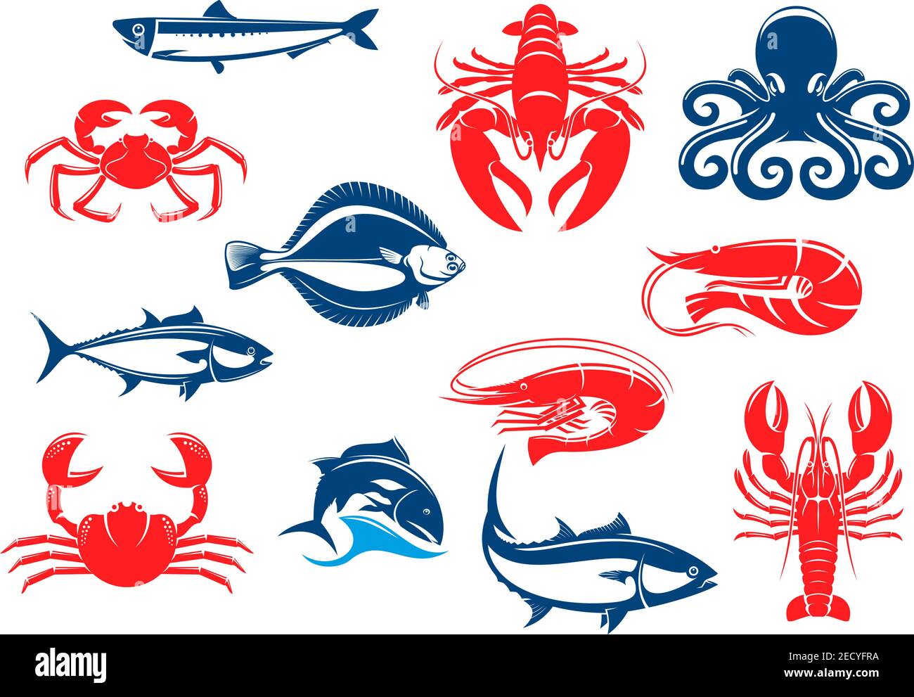 Seafood icon set with fish and crustacean. Crab, shrimp, salmon, lobster,  octopus, tuna, prawn, flounder, crayfish, anchovy isolated icons for seafood  Stock Vector Image & Art - Alamy