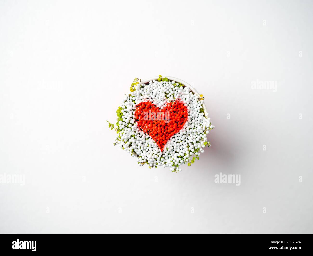 red heart made of tiny balls in a cup, top view, symbol, valentines day concept. world heart day, world health day, foster family adoption, hope, grat Stock Photo