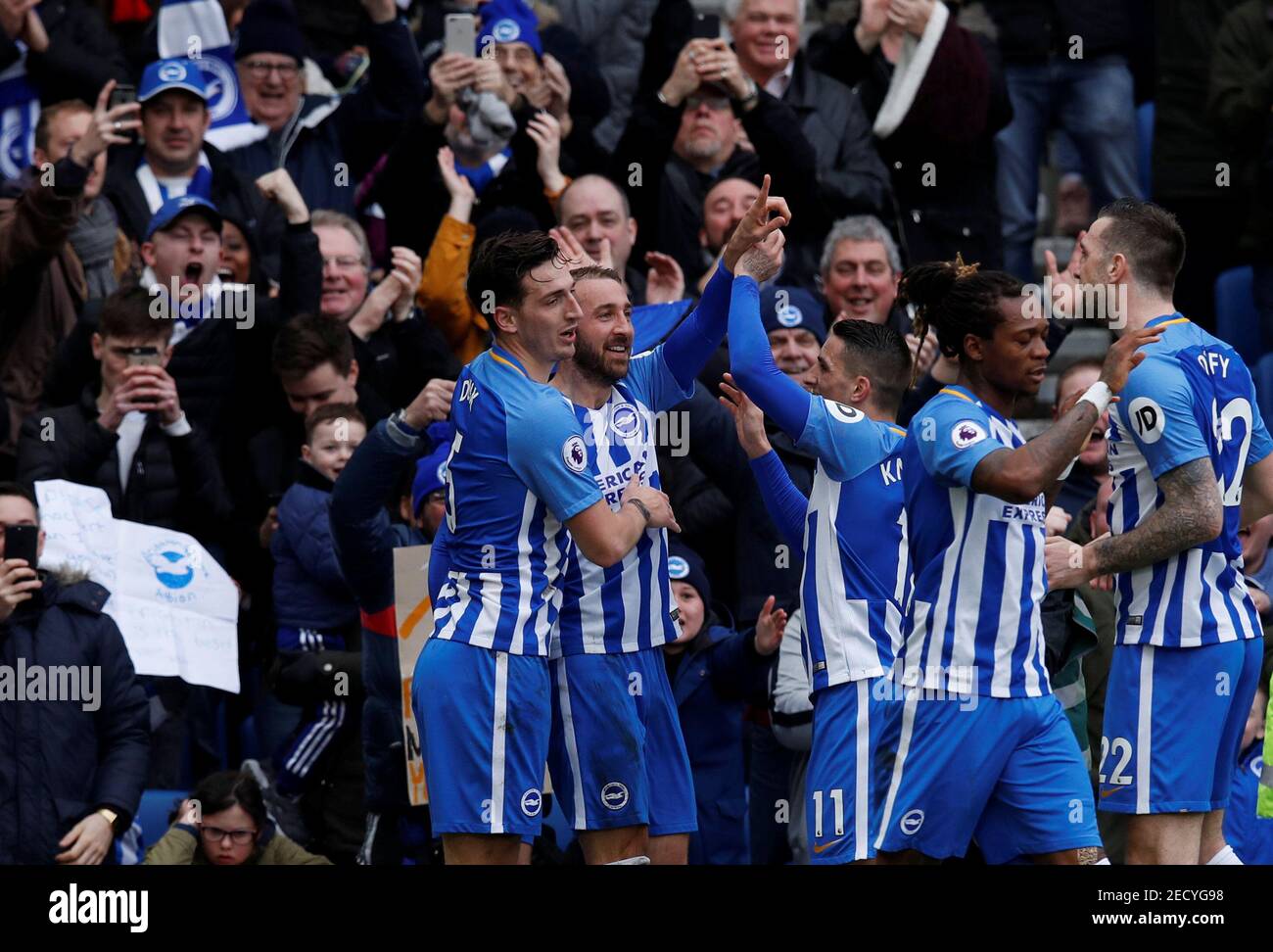 Soccer Football - Premier League - Brighton & Hove Albion vs Arsenal - The American Express Community Stadium, Brighton, Britain - March 4, 2018   Brighton's Glenn Murray celebrates scoring their second goal with team mates    REUTERS/Eddie Keogh    EDITORIAL USE ONLY. No use with unauthorized audio, video, data, fixture lists, club/league logos or 'live' services. Online in-match use limited to 75 images, no video emulation. No use in betting, games or single club/league/player publications.  Please contact your account representative for further details. Stock Photo