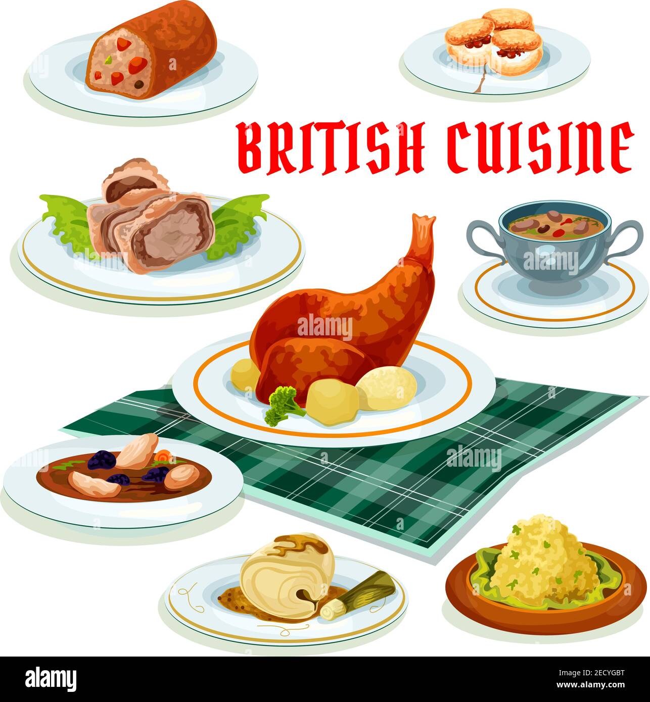 British cuisine menu cartoon icon with beef wellington in pastry, scones, fruit cake, baked rabbit, cod in mustard sauce, scottish chicken soup with p Stock Vector