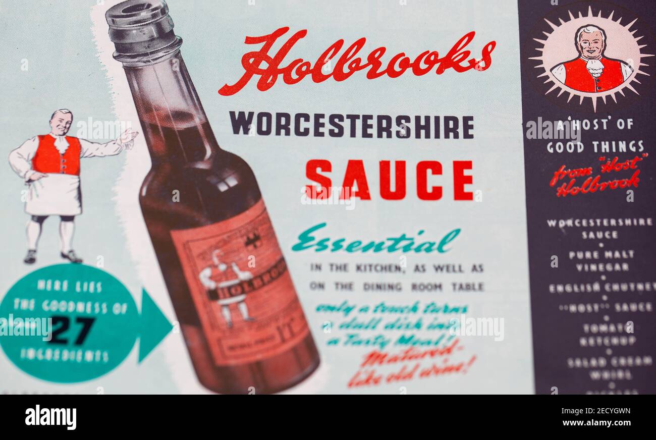 Close-up of a vintage 1948 print Advert for Holbrooks Worcestershire Sauce Stock Photo