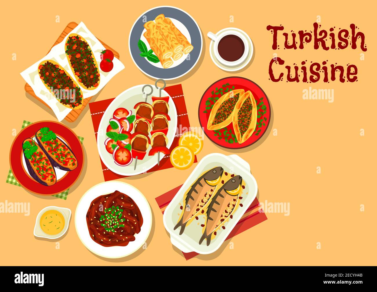 Turkish cuisine shish kebab skewer icon with stuffed eggplant, meat pie pide, pastry with cheese, beef stew, stuffed mackerel, lamb pie and coffee Stock Vector