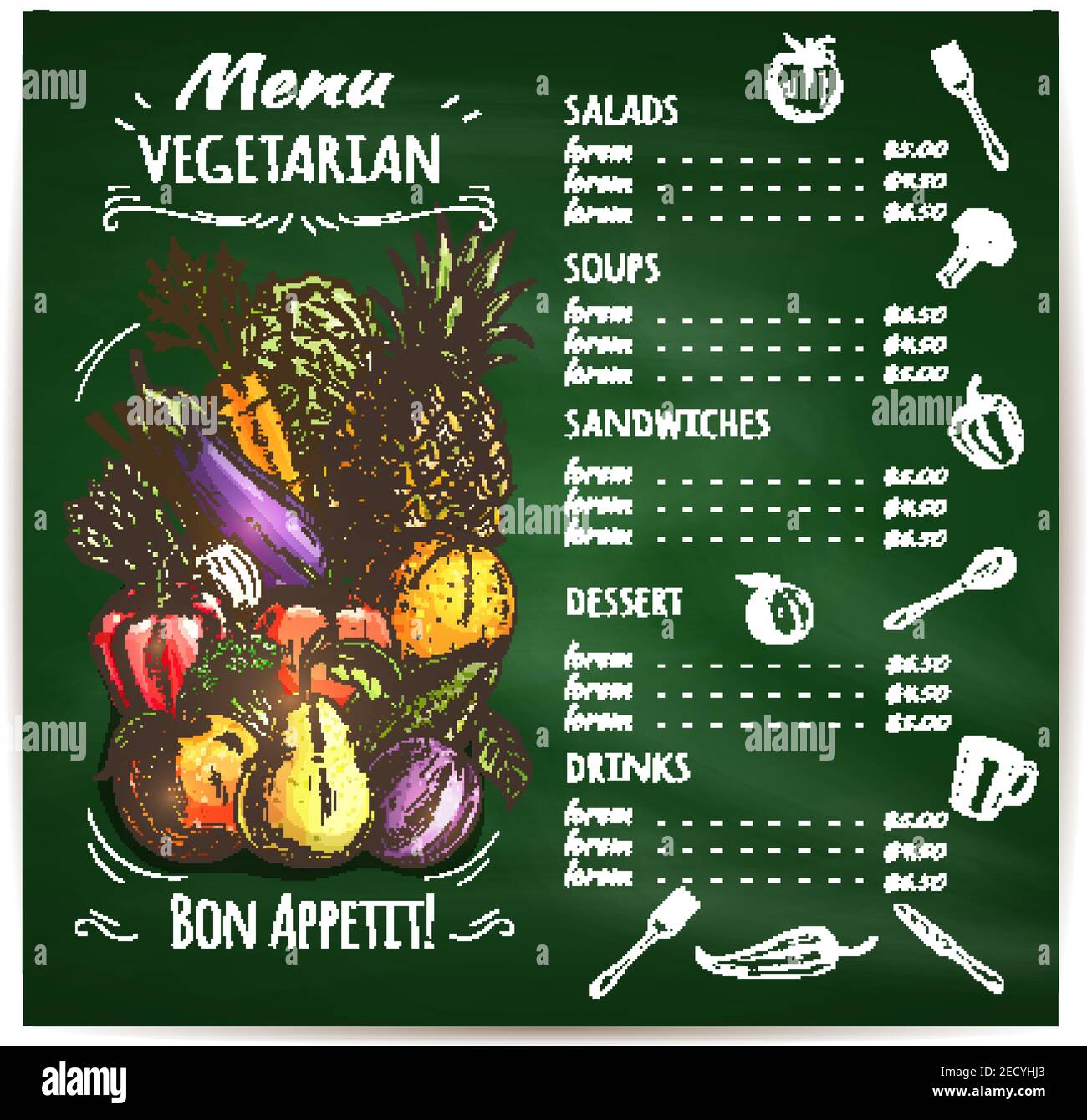 Vegetarian food restaurant menu design template with sketched vegetables, fruits and chalked layout of dishes list with prices on green blackboard Stock Vector