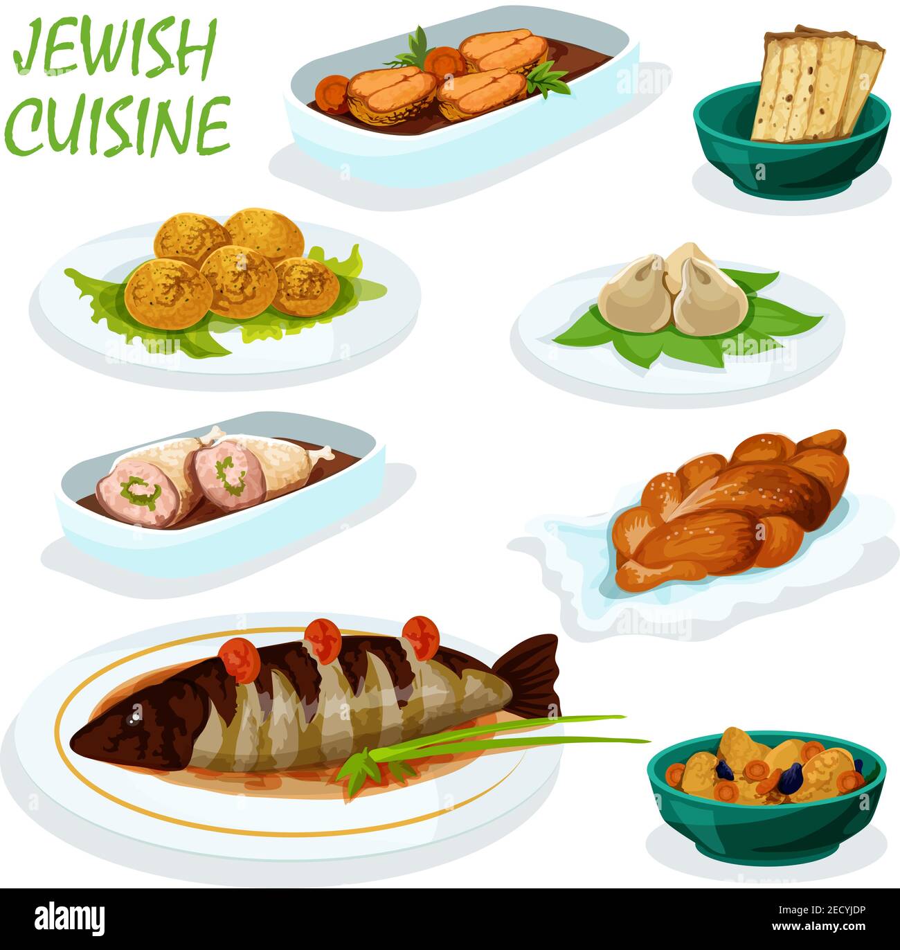 Jewish cuisine festive dinner menu icon with matzah, chickpea falafel, gefilte pike fish, stuffed chicken, sweet bread challah, meat dumpling and lamb Stock Vector