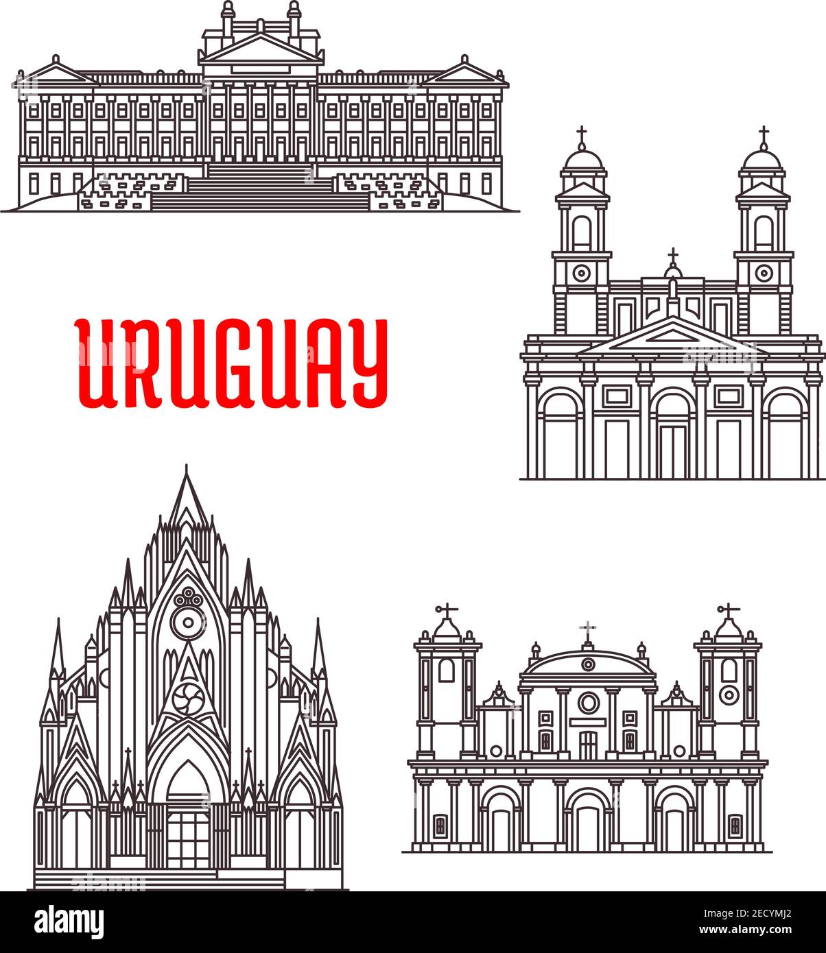 Uruguayan travel landmarks icon with historical and religious sights. Linear Montevideo Metropolitan Cathedral, Carmelite Church, Legislative Palace, Stock Vector
