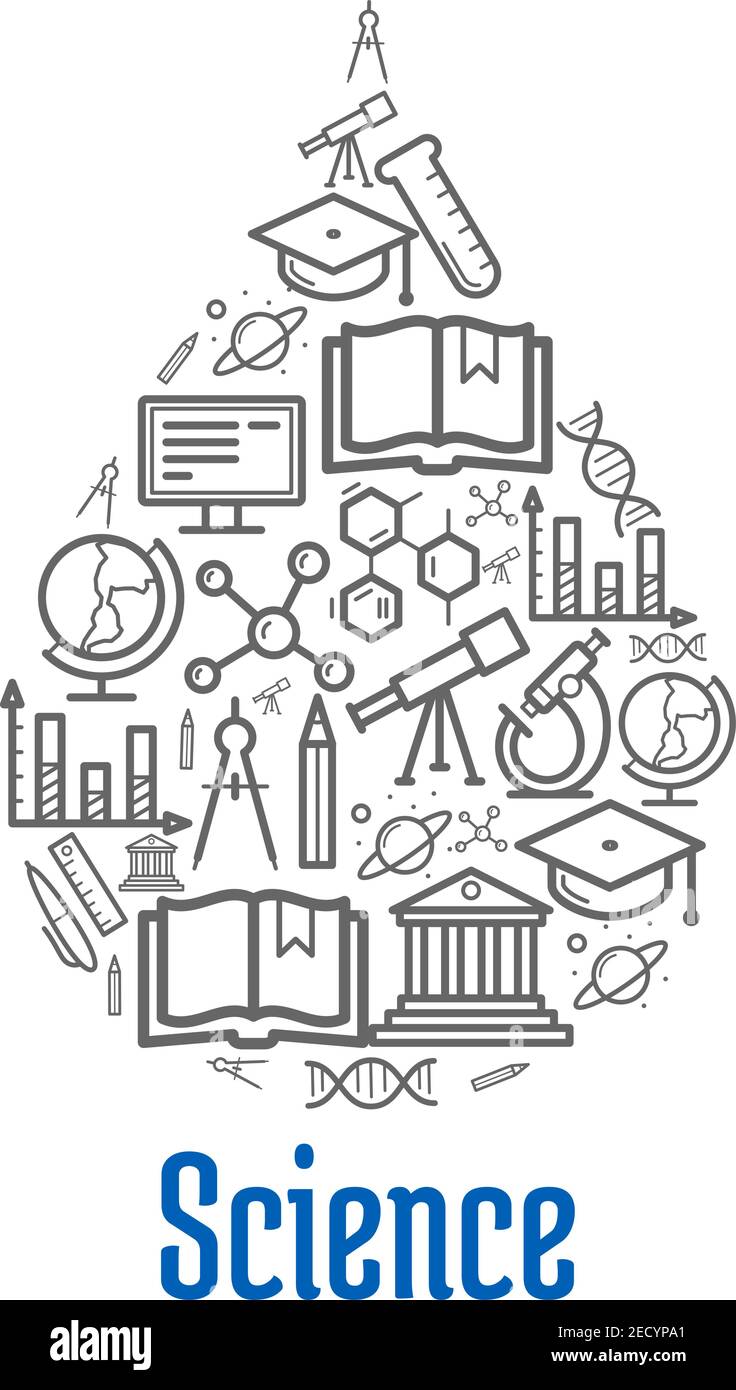 Science icons in drop shape. Vector thin line symbols of scientific