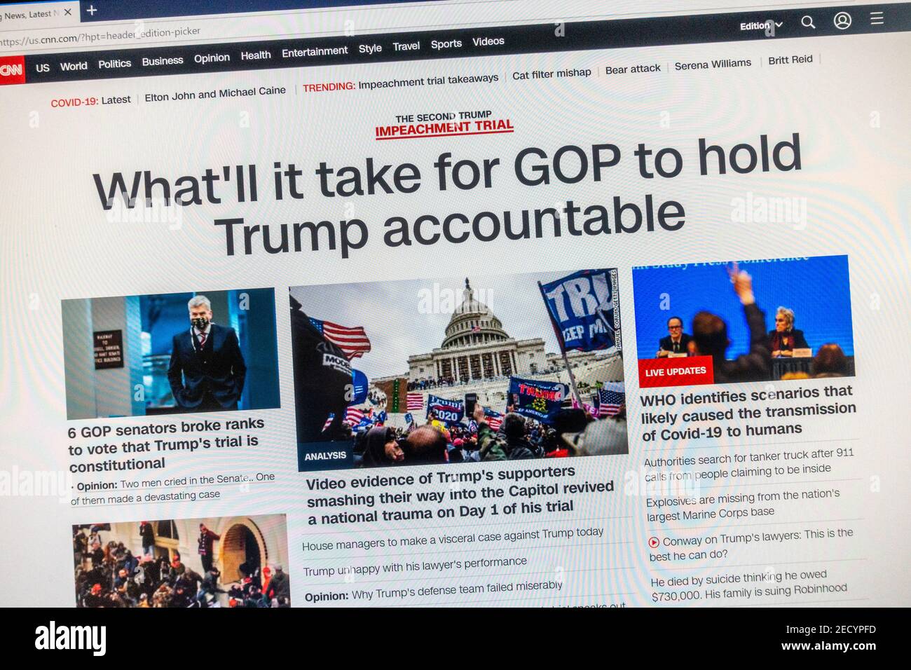 CNN breaking news screenshot about President Donald Trump being impeached for a second time on 10th February 2021. Stock Photo