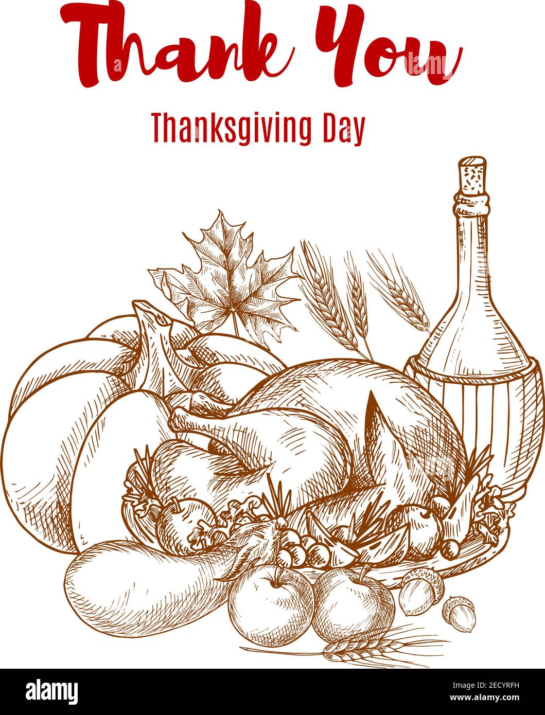 Thanksgiving autumn harvest sketch decoration. Thank You greeting card vector sketch design. Seasonal food abundance of vegetables crop, wine pitcher, Stock Vector