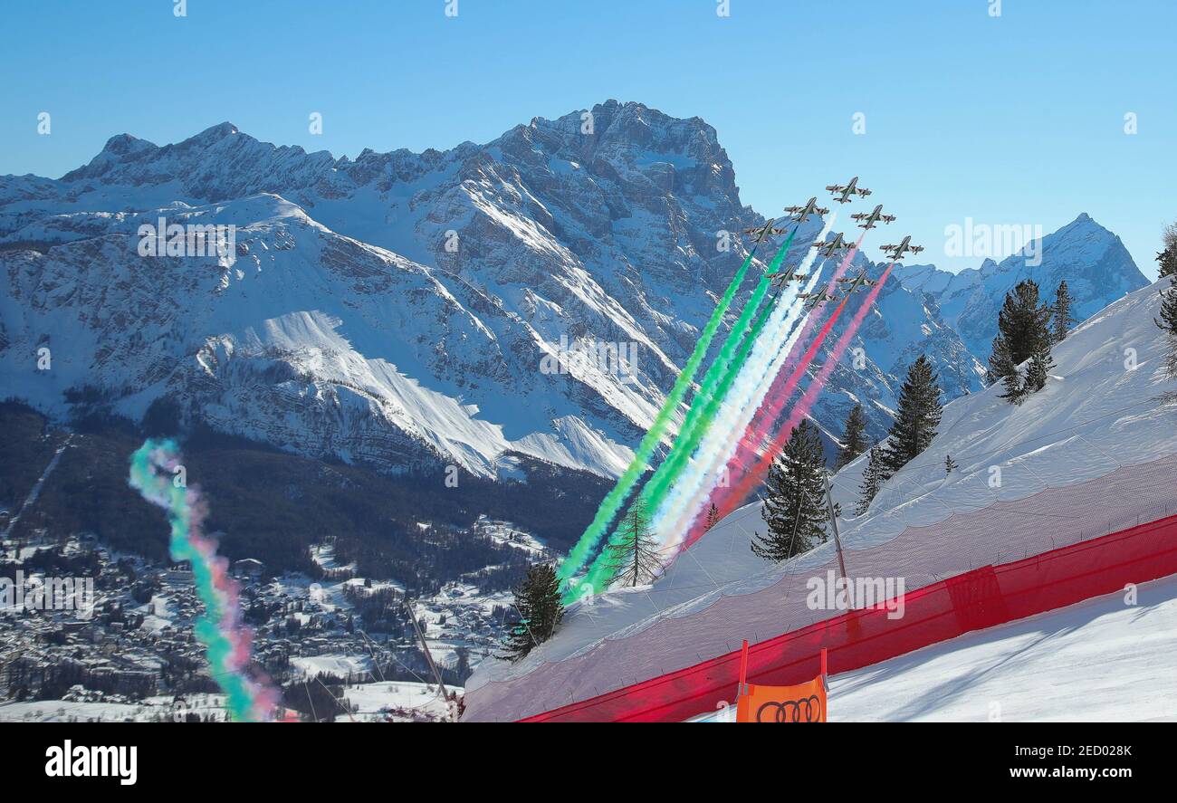 Vertigine, Cortina (BL), Italy, 14 Feb 2021, Frecce Tricolore  during 2021 FIS Alpine World SKI Championships - Downhill - Men, alpine ski race - Photo Sergio Bisi / LM Stock Photo