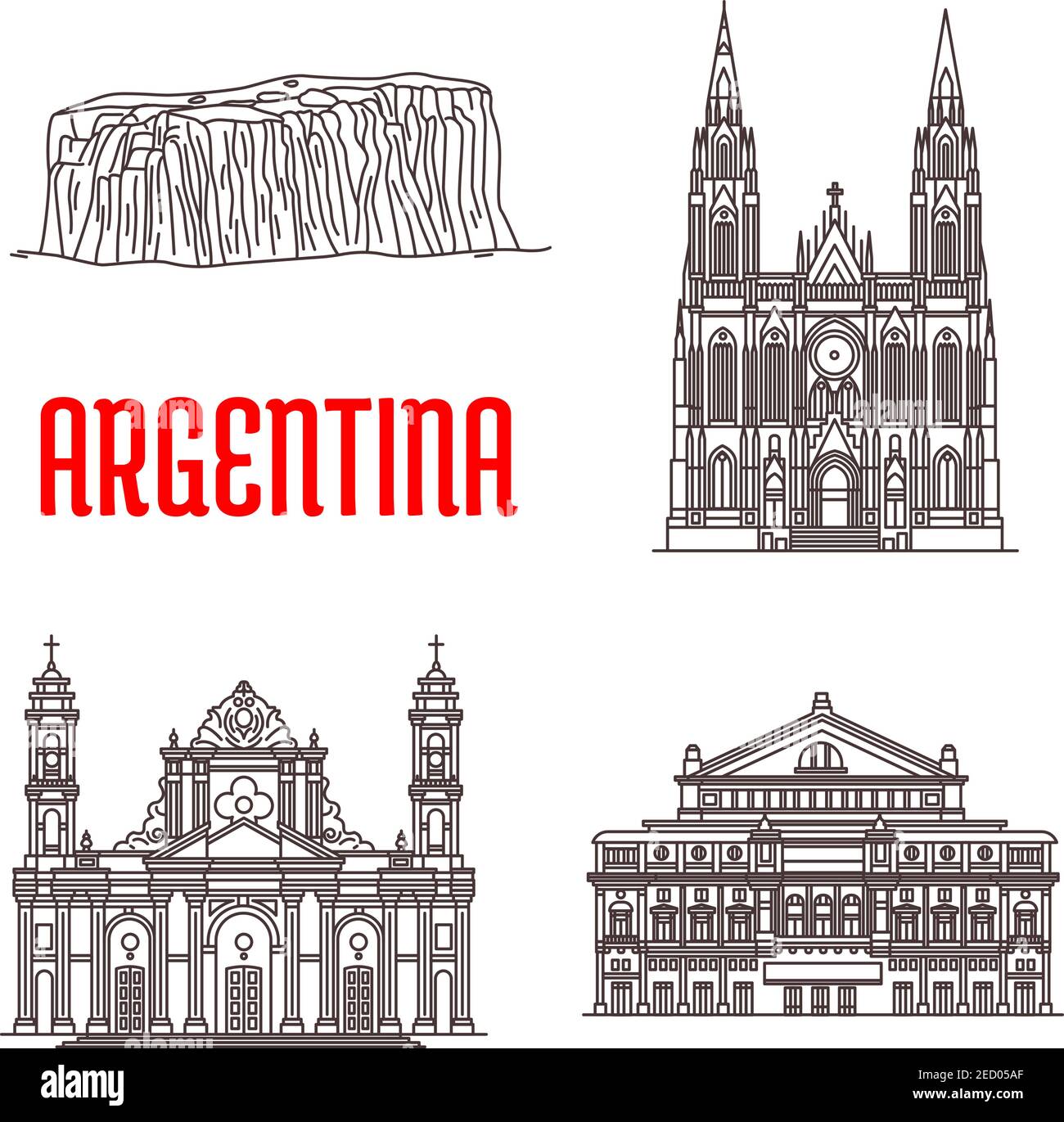Argentina natural and architecture landmarks. Tourist sightseeing icons of Iguazu Falls, Cathedral of La Plata, Teatro Colon, Cathedral of Salta Stock Vector