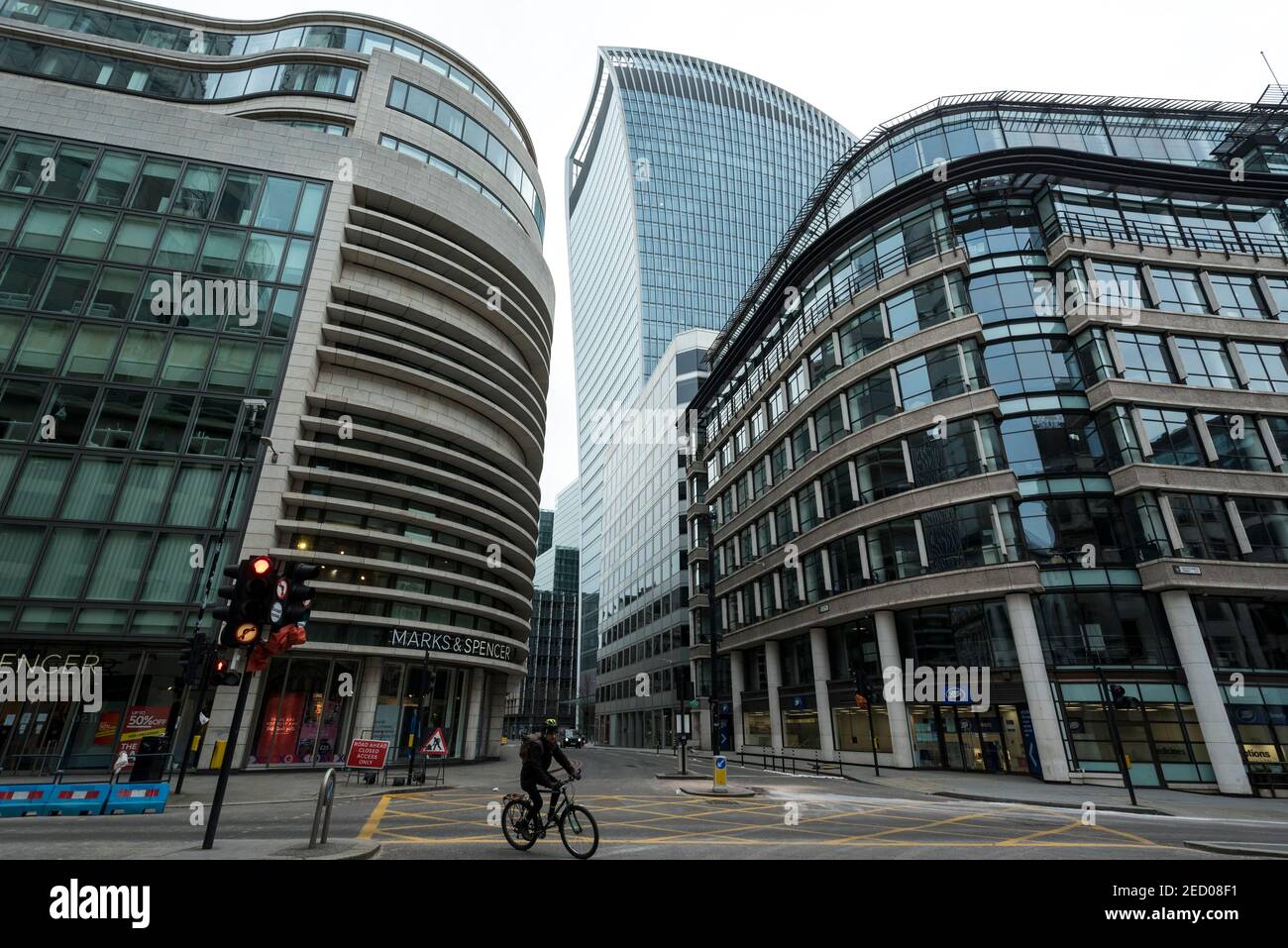 London, UK.  14 February 2021. Architecture in the City of London, the heart of the capital’s financial district.  Amsterdam is reported to have surpassed London to become the leading share trading centre in Europe and with uncertainties over the long term impacts of Brexit on the financial industry as well as the impact of the ongoing coronavirus pandemic, the once busy area continues to remain quiet.  Credit: Stephen Chung / Alamy Live News Stock Photo