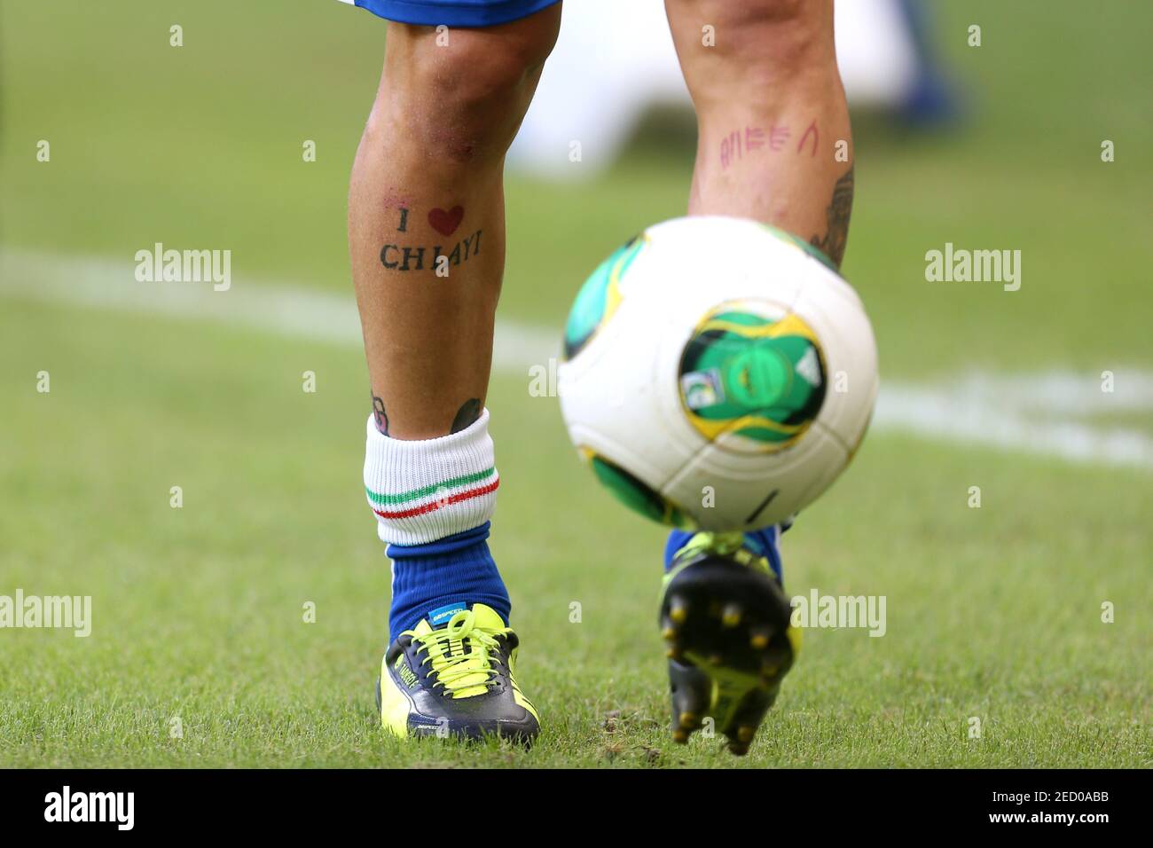 Football - Italy v Brazil - FIFA Confederations Cup Brazil 2013 Group A - Arena Fonte Nova, Salvador, Brazil - 22/6/13  General view of the tattoo's on the legs of Italy's Alessandro Diamanti as he warms up   Mandatory Credit: Action Images / Carl Recine Stock Photo