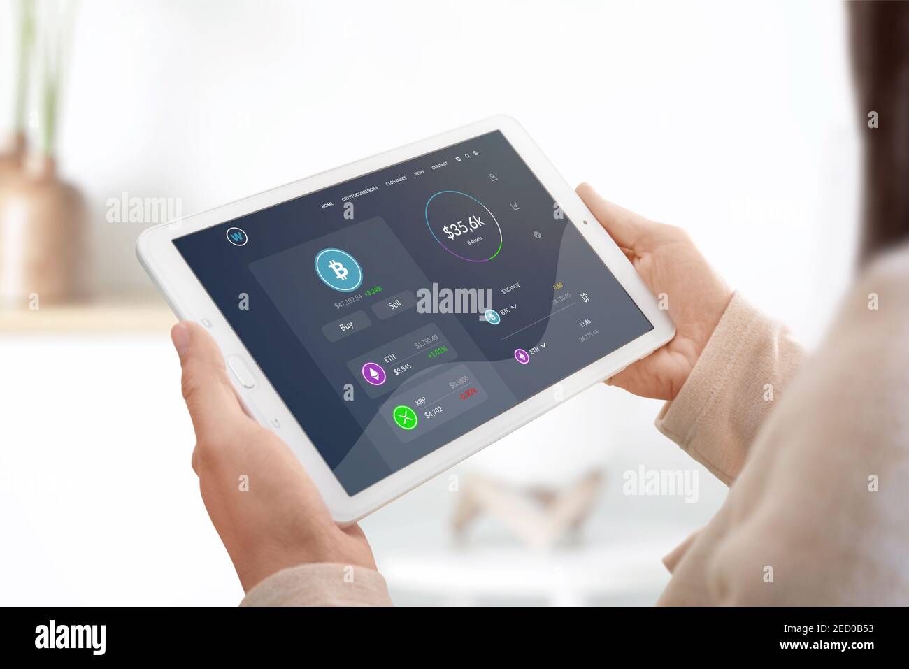 Cryptocurrency market web site concept on tablet in woman hands. Girl check  bitcoin value Stock Photo - Alamy