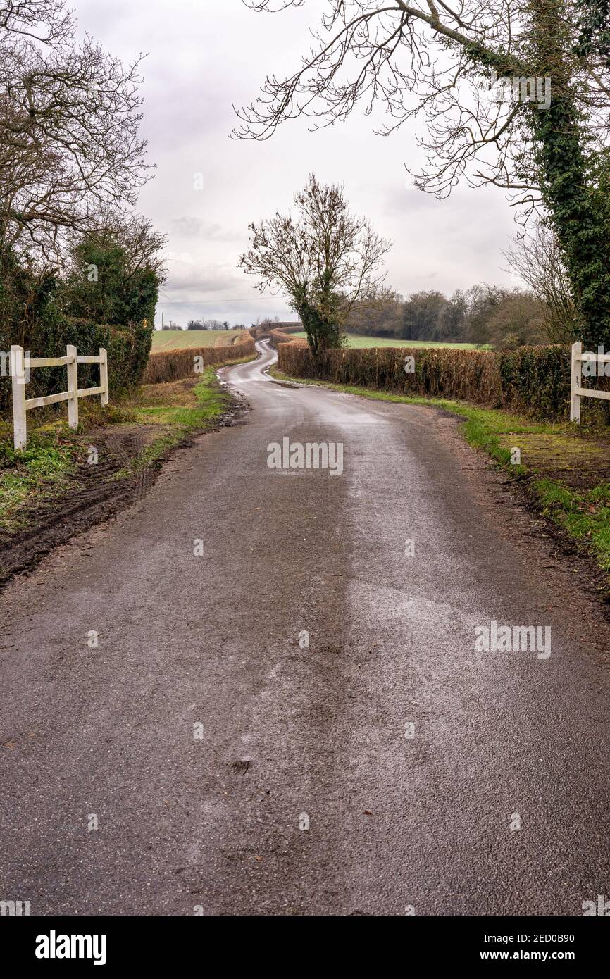 Rural lane winding through farmland Stock Photo