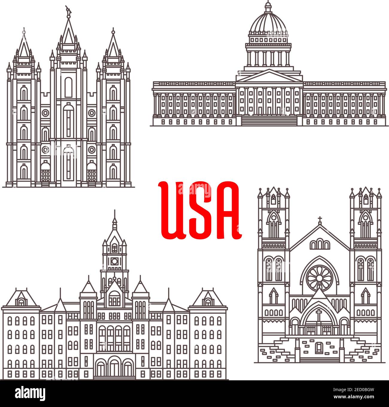 Famous buildings symbols and icons of US. Salt Lake Temple, Utah State Capitol, Salt Lake City and County Building, Cathedral of the Madeleine. Americ Stock Vector