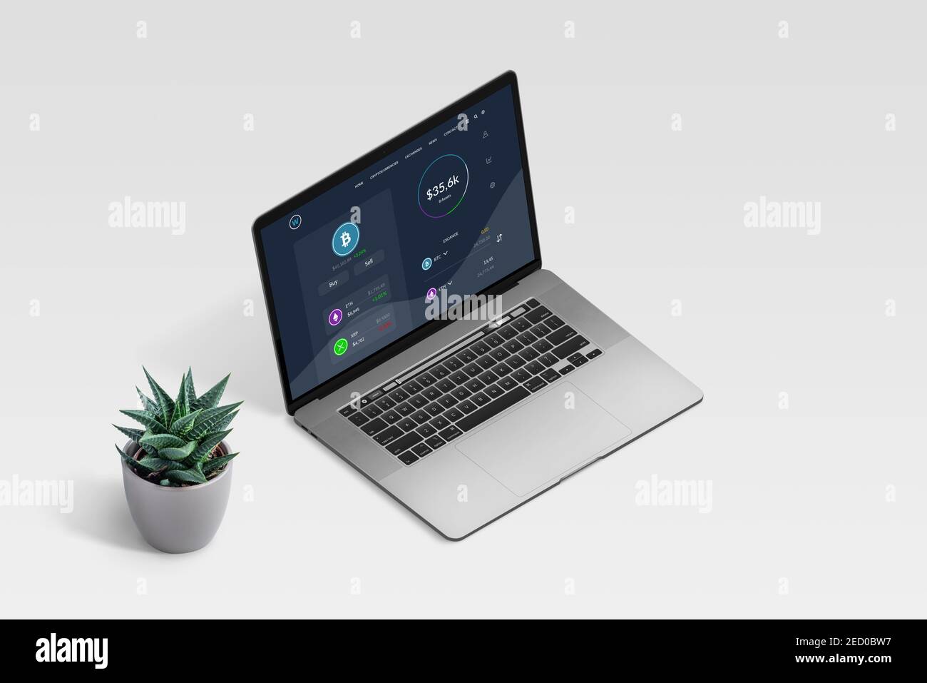 Cryptocurrency prices and exchange web page concept on laptop computer. Laptop on clean, white desk with plant beside. Isometric position Stock Photo