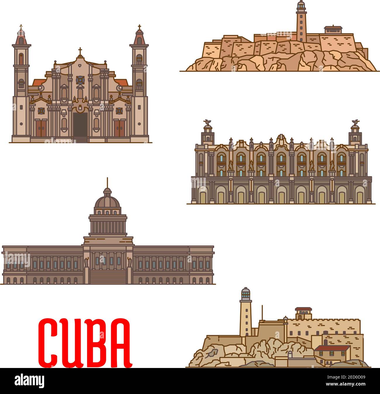 Great Theatre of Havana, Real Fuerza Fortress, San Carlos de la Cabana, National Capitol, St Christopher Havana Cathedral. Vector detailed icons of la Stock Vector