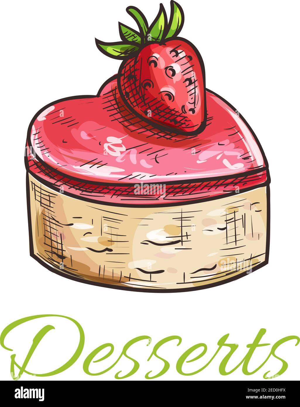 Vector dessert cake emblem. Color sketched cupcake with strawberry and