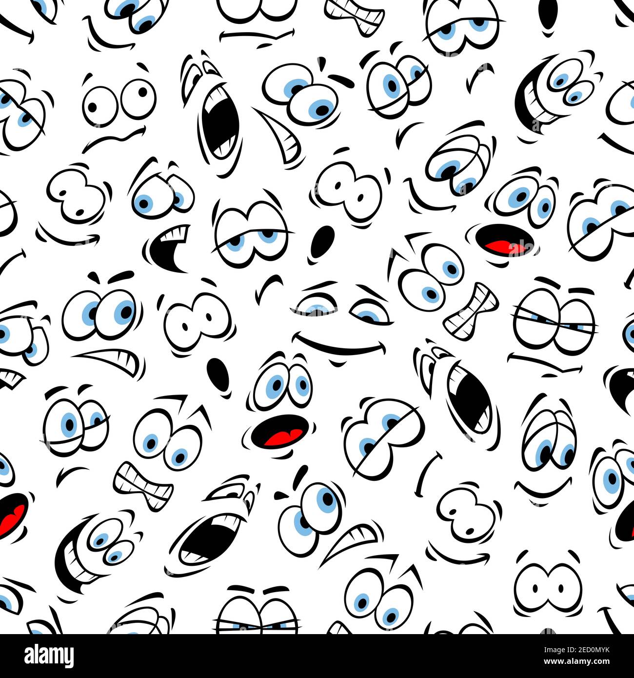 Emoticons pattern of human face emotions. Vector seamless pattern of cartoon human face with mood expression smiling, bored, winking, happy, surprised Stock Vector
