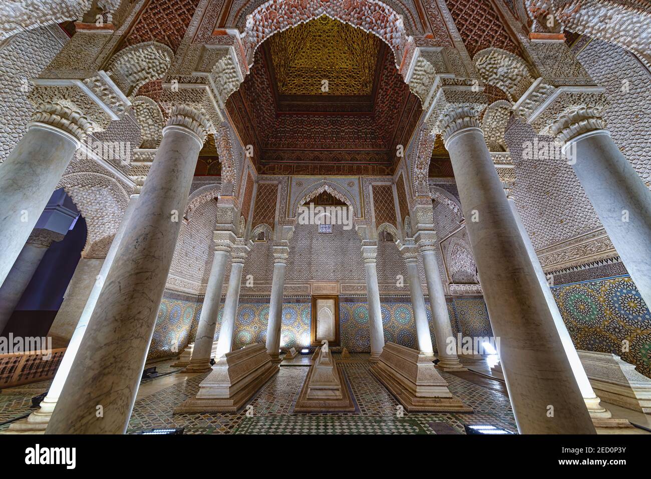 Marrakech, Morocco - December 30, 2017: The room with the twelve columns in Saadian Tombs. These tombs are sepulchres of Saadi Dynasty members Stock Photo