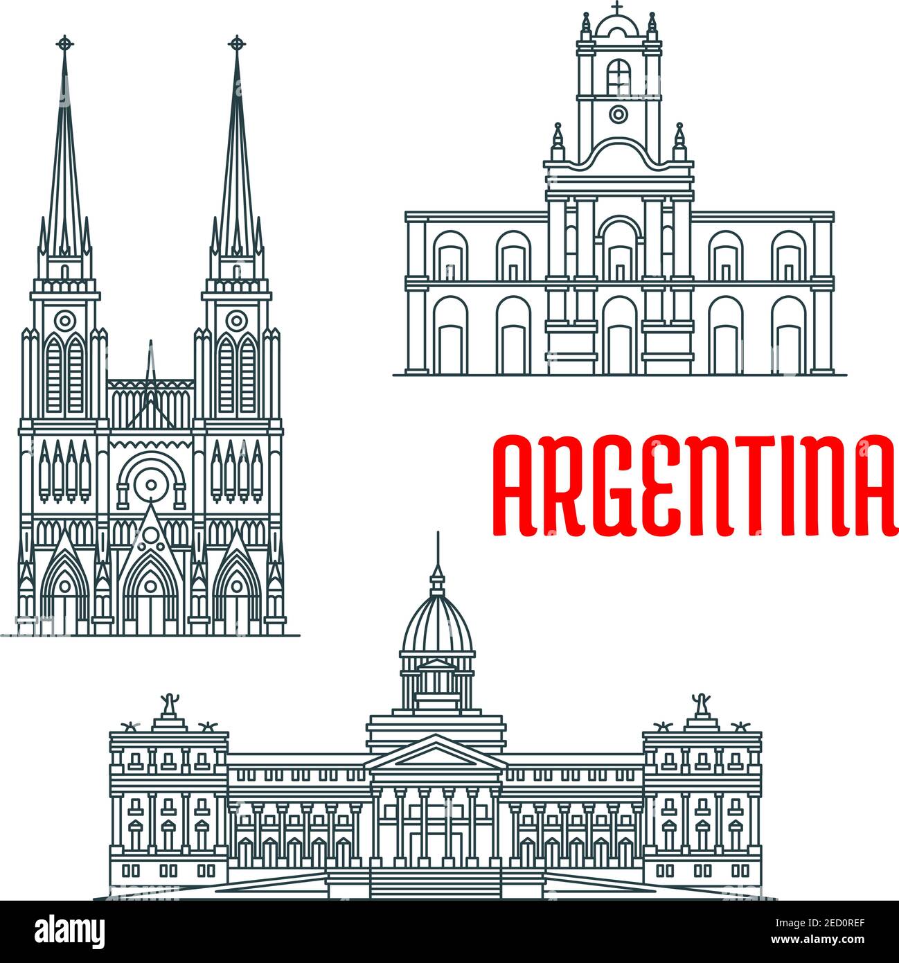Argentina famous buildings vector facades. Basilica of Our Lady of Lujan, Buenos Aires Cabildo, Palace of the Argentine National Congress. Historic re Stock Vector