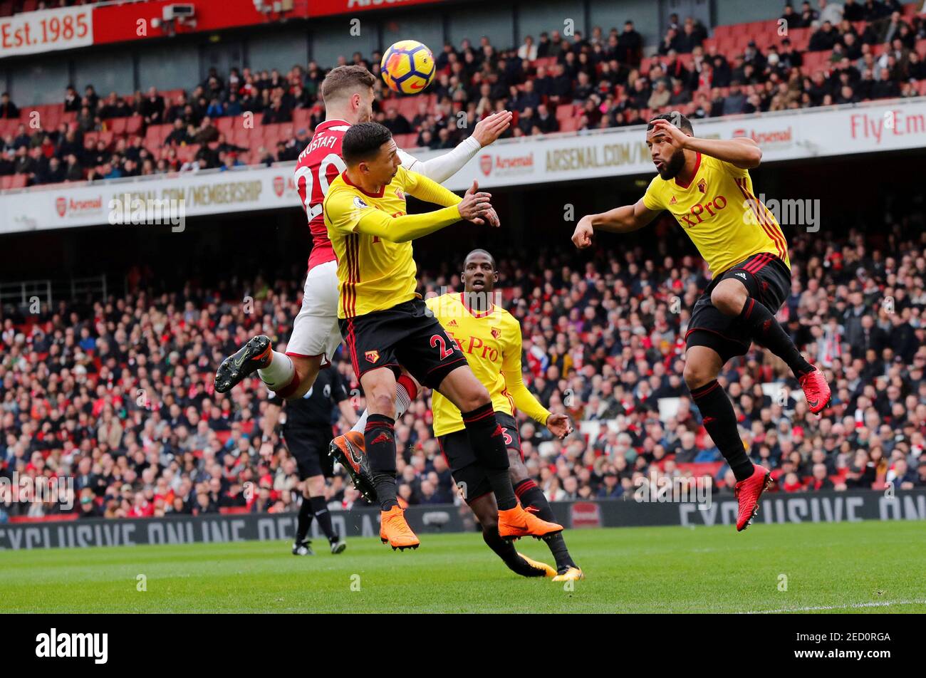 Soccer Football - Premier League - Arsenal vs Watford - Emirates Stadium, London, Britain - March 11, 2018   Arsenal's Shkodran Mustafi scores their first goal        REUTERS/Eddie Keogh    EDITORIAL USE ONLY. No use with unauthorized audio, video, data, fixture lists, club/league logos or "live" services. Online in-match use limited to 75 images, no video emulation. No use in betting, games or single club/league/player publications.  Please contact your account representative for further details. Stock Photo