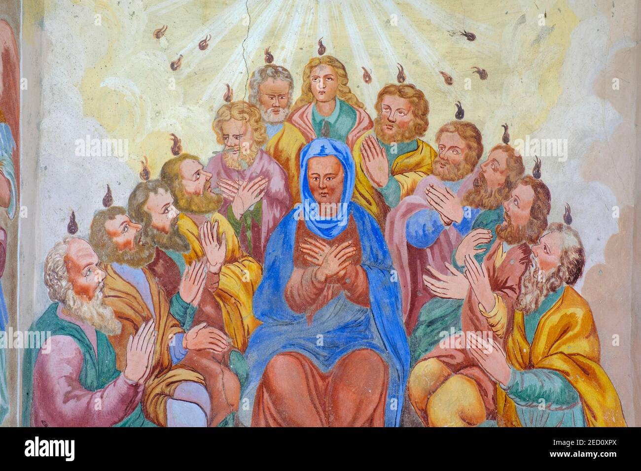Fresco Pentecost, Holy Spirit, Dove, Tongues of Fire, Parish Church of S. Giacomo, Issime, Gressoney la Trinite, Lystal, Val di Gressoney, Aosta Stock Photo
