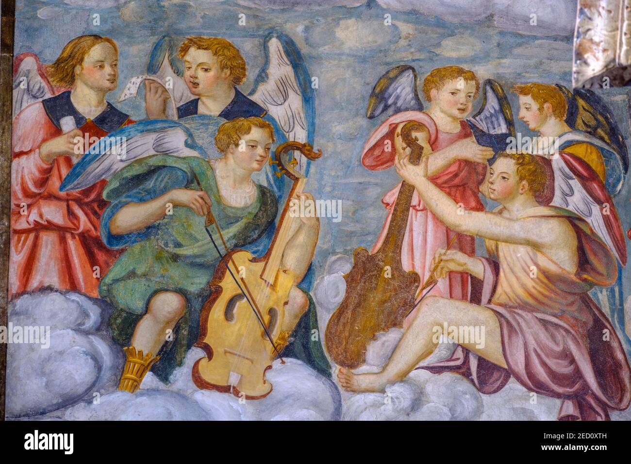 Fresco of angels playing music, portal, Cattedrale di Santa Maria Assunta e San Giovanni Battista, La Cattedrale di Aosta, Aosta, Valle d'Aosta Stock Photo