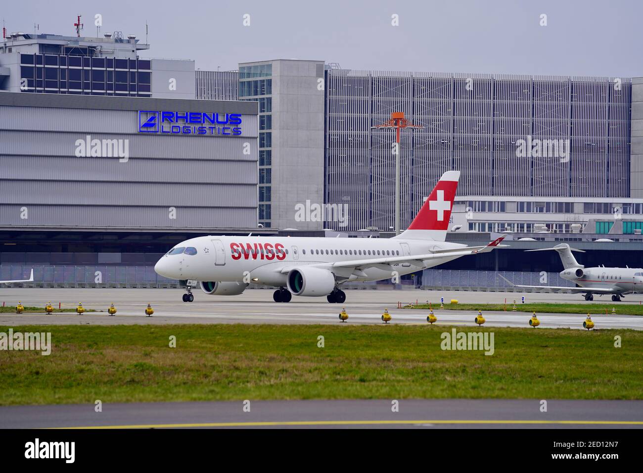 Swiss airplane ready for take off at Zurich International Airport (IATA: ZRH, ICAO: LSZH). Photo taken January 3rd, 2020, Kloten, Switzerland. Stock Photo