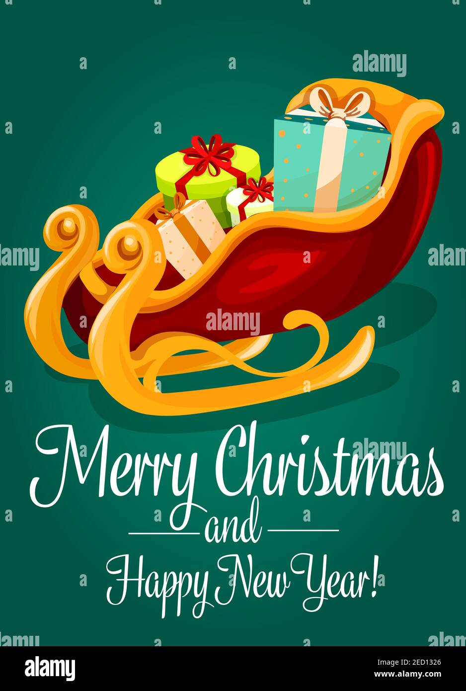 Christmas sleigh of Santa Claus greeting card. Santas golden sled with ...