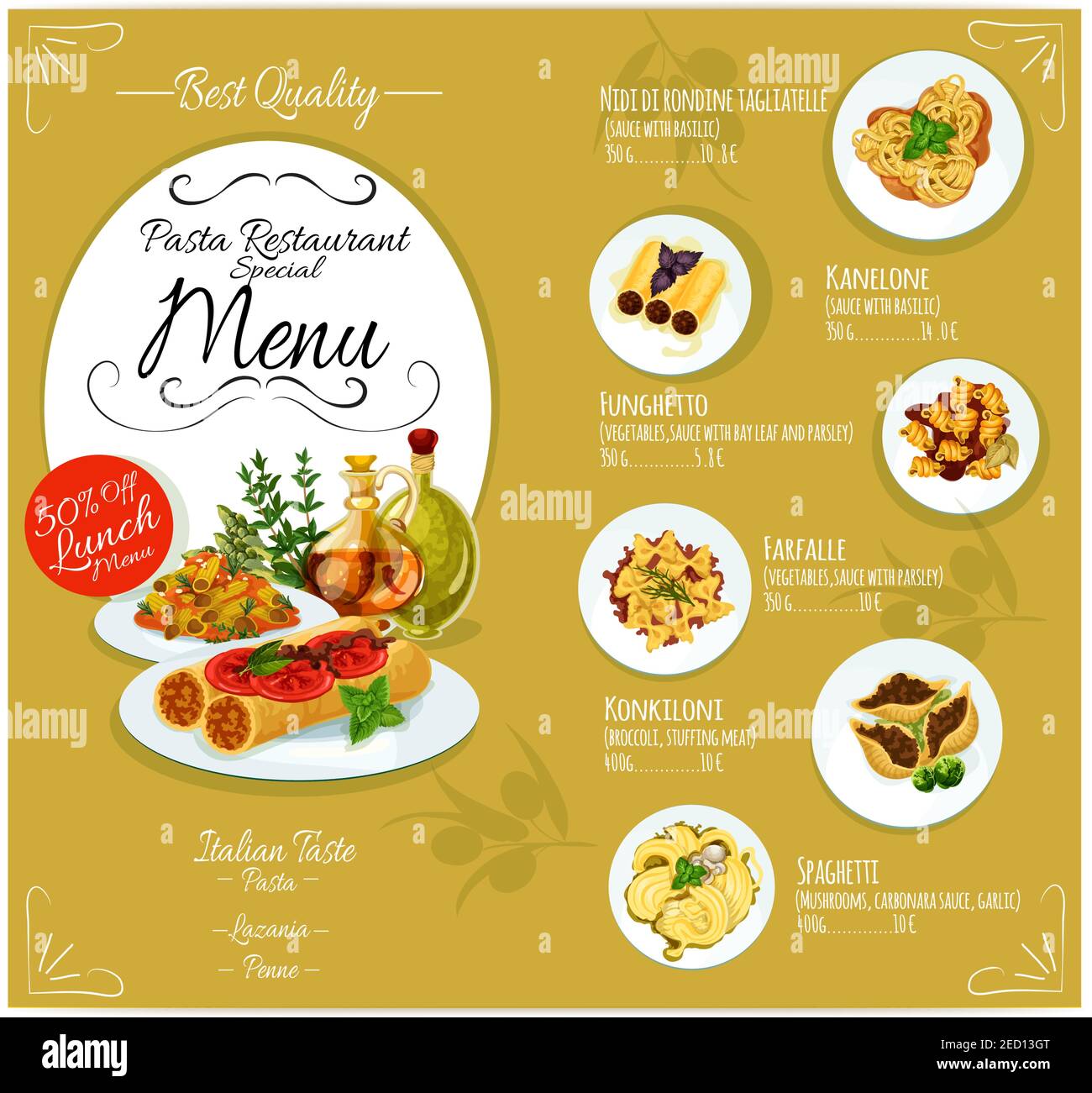 Pasta menu card template for Italian cuisine restaurant. Vector design with  elements of pasta types lasagna, penne, spaghetti dish with meat and veget  Stock Vector Image & Art - Alamy