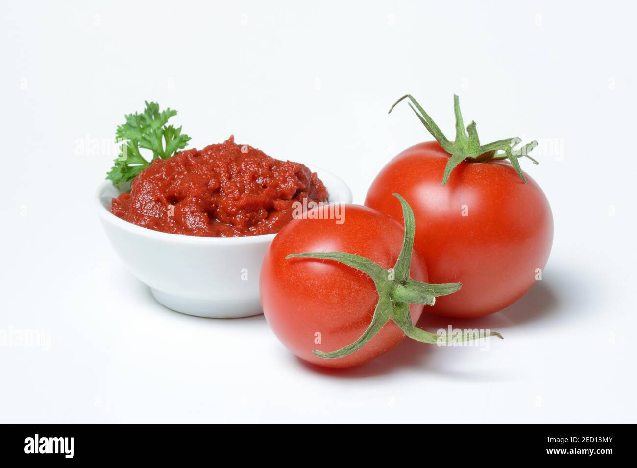 Tomato paste in bowl, tomatoes, white background, Germany Stock Photo