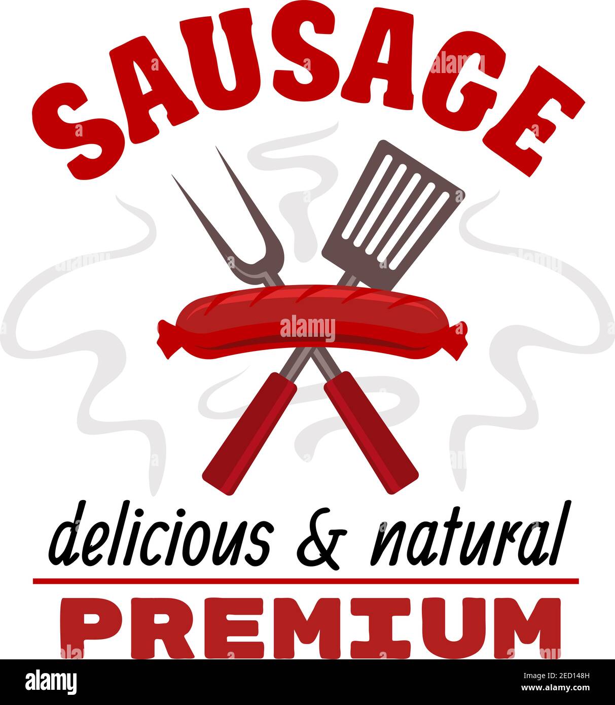 Sausage grill food label. Vector delicious hot grilled meat sausage with fork and spatula elements. Fast food barbecue emblem with text red ribbon for Stock Vector