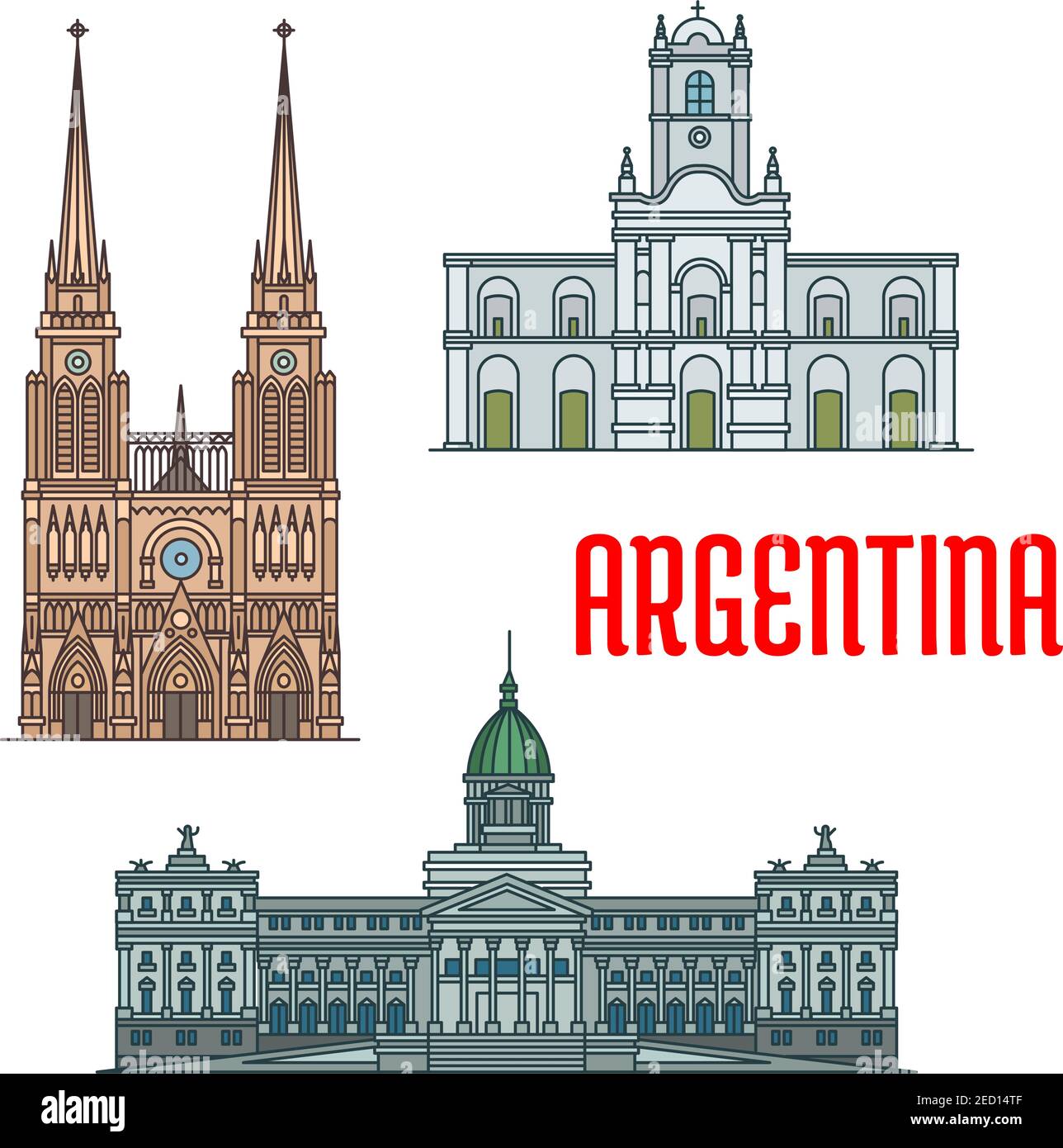Basilica of Our Lady of Lujan, Buenos Aires Cabildo, Palace of the Argentine National Congress. Vector icons of famous churches, palaces, landmarks an Stock Vector