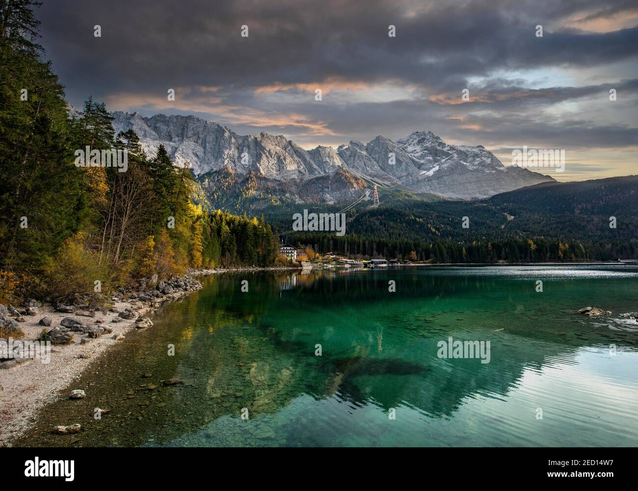 Eibsee lake with Zugspitze massif and Zugspitze, Wetterstein mountains ...