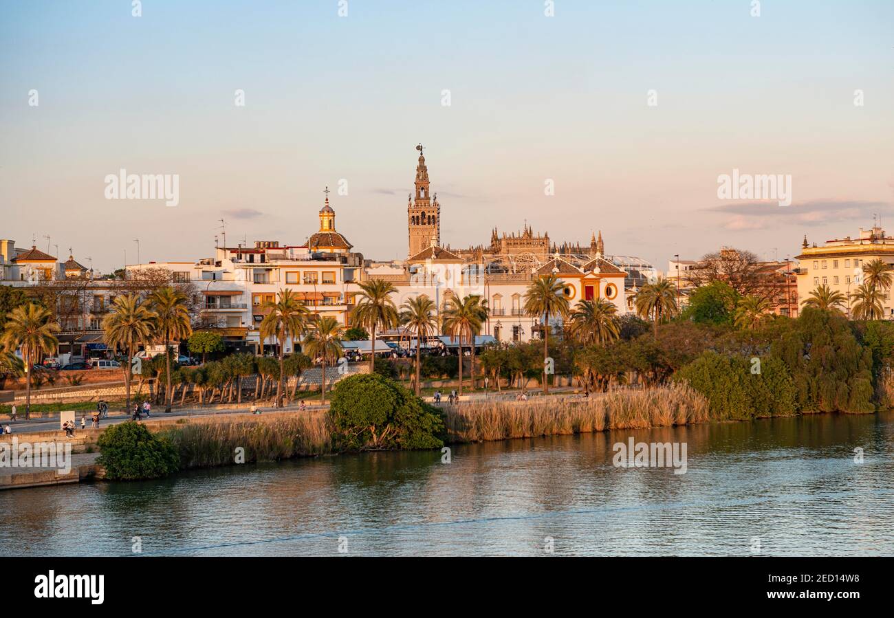 View over the river Rio Guadalquivir to the bullring Plaza de toros de la Real Maestranza de Caballeria de Sevilla and bell tower La Giralda Stock Photo