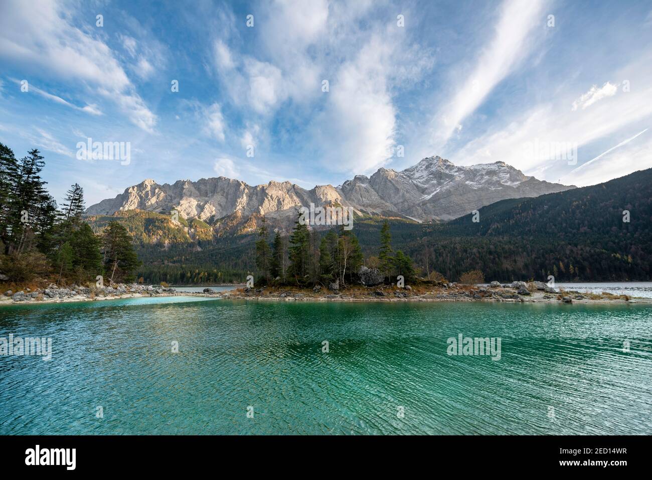 Eibsee lake with Zugspitze massif and Zugspitze, Wetterstein mountains ...