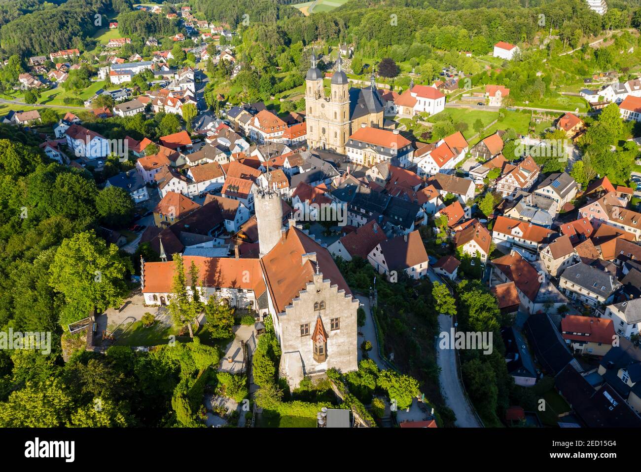 Aerial view, Goessweinstein with castle and pilgrimage church to the