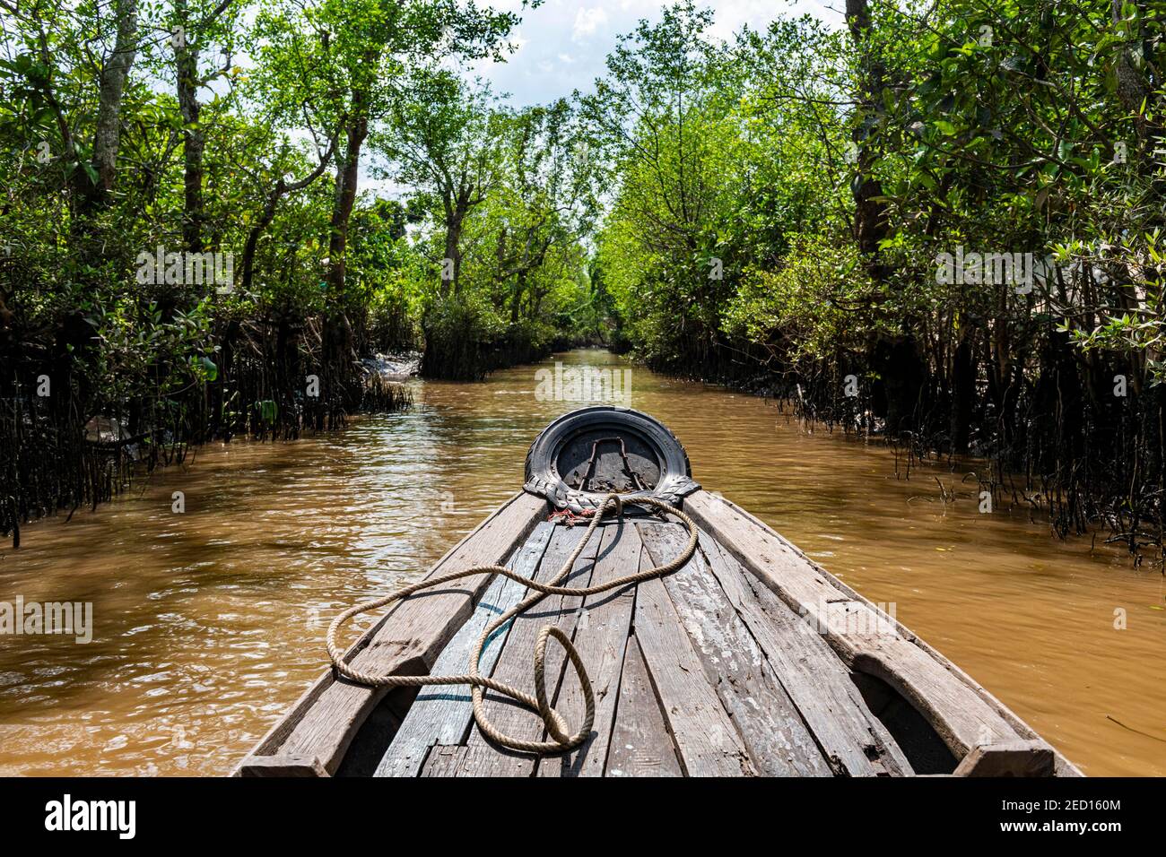 Rowing through a small water channel, Cai Be, Mekong Delta, Vietnam Stock Photo