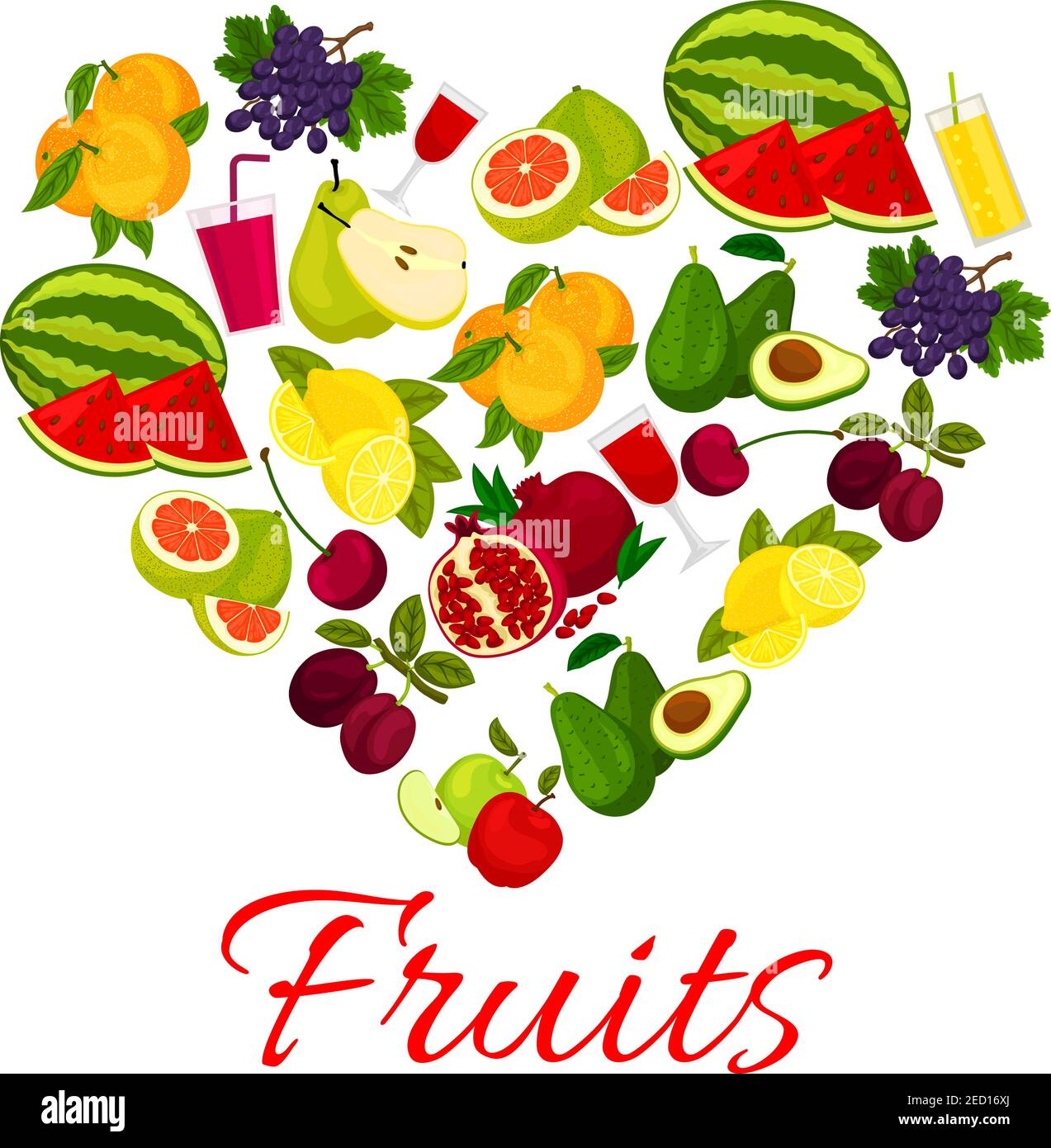 Fruit heart icon with fresh fruits and berries icons. Vector elements of fresh farm juicy fruits